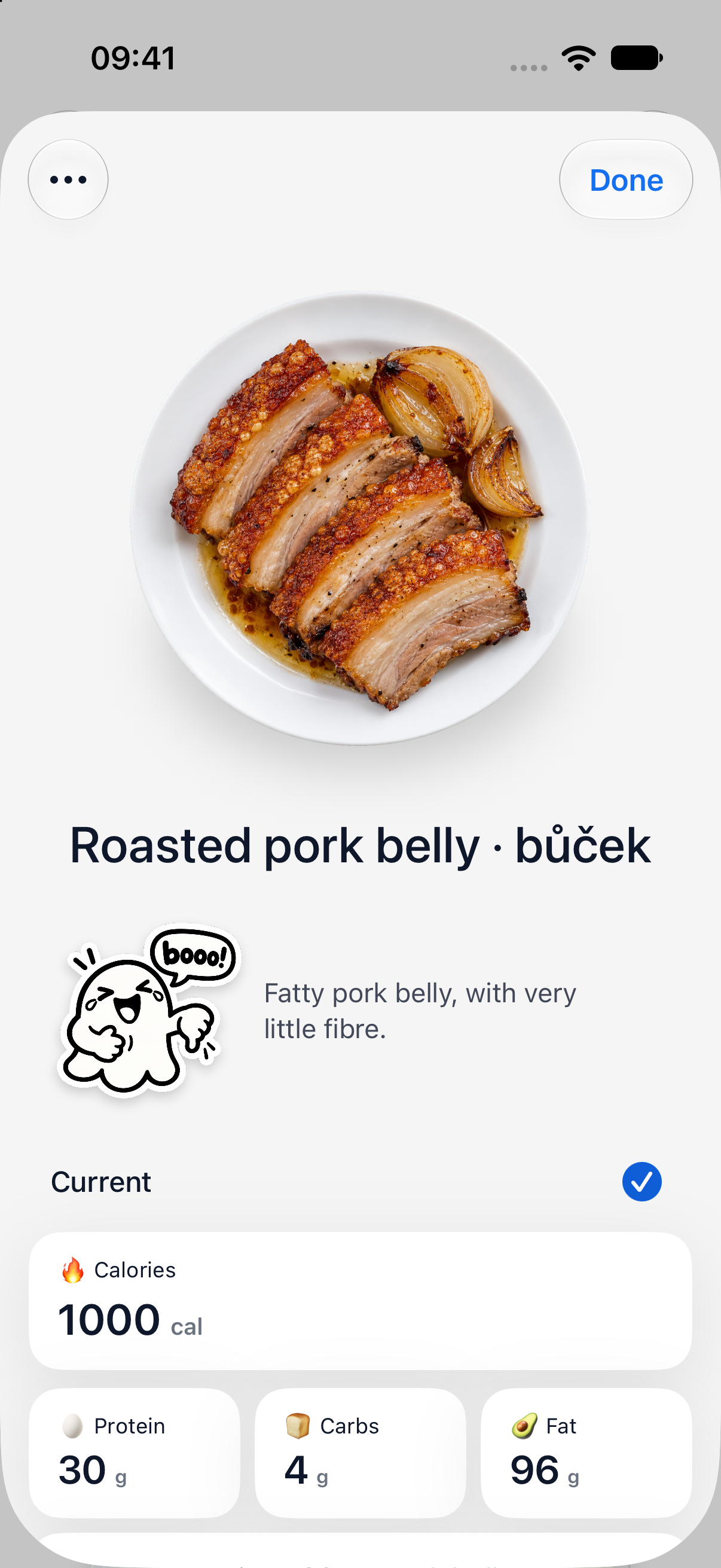 Boocheck meal detail at the top, with a pork belly photo, matching boo sticker and a short explanation